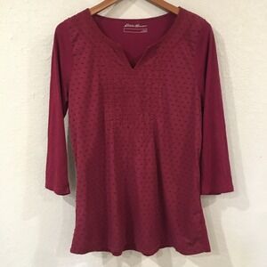 Eddie Bauer Women L Blouse Red Tunic Embroidered Long Sleeve 100% Cotton Hippie